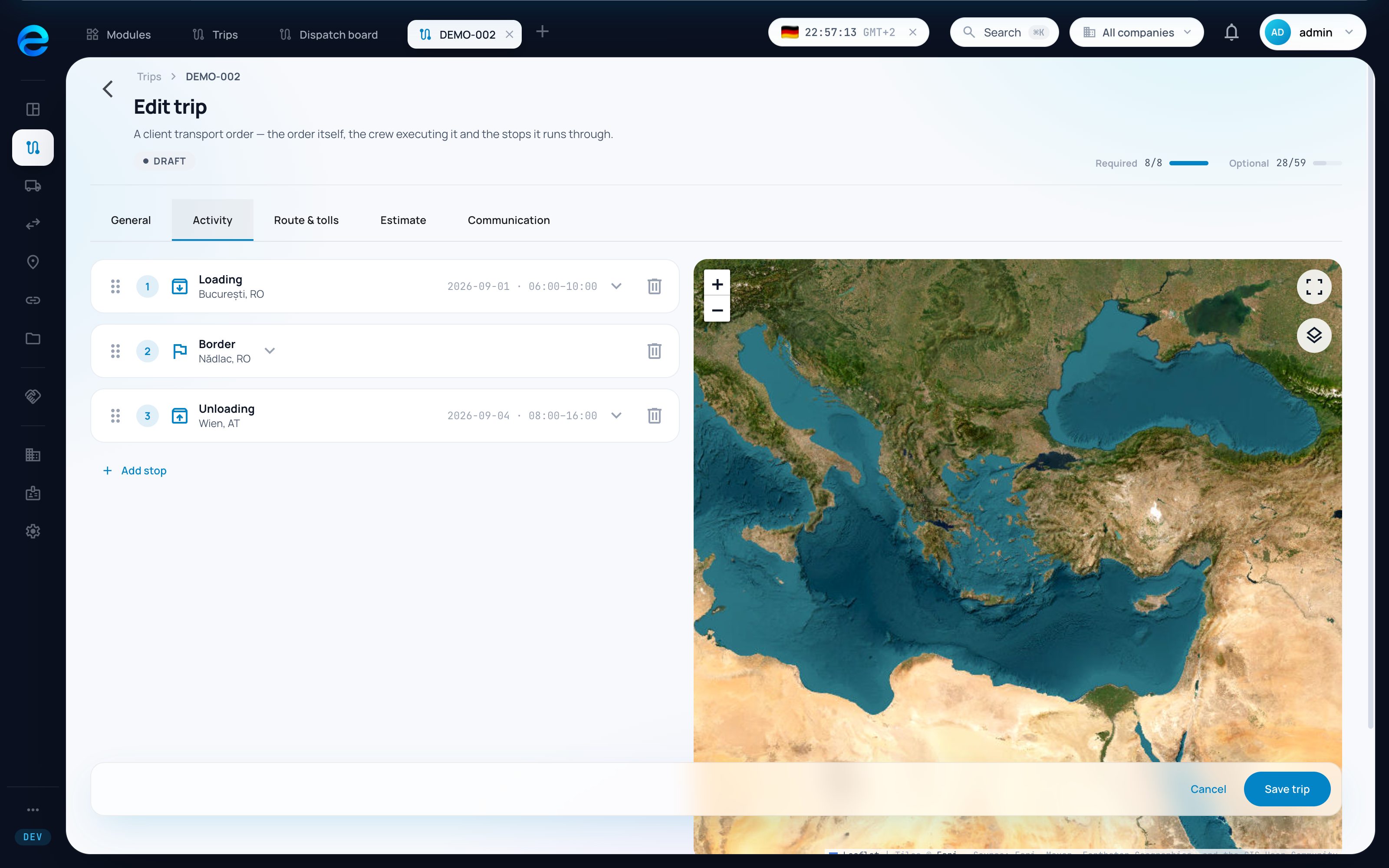 Trip planning with an ordered stop list and map